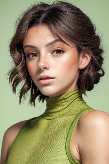 headshot photo of <lora:SavannahRaeDemers_v1:1> SavannahRaeDemers, focus on face, wearing a turtleneck , her kiwi color hair is styled as Curly Twisted Updo,