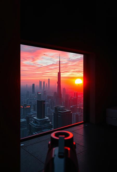 A fleeting sunrise captured from the POV of a camera inside a futuristic, dystopian high-rise, positioned behind a narrow, tinted slit in a sleek, matte-black concrete wall. For a single second, the sun’s neon-orange rays pierce through, illuminating the sterile interior—filled with glowing holographic displays and humming machinery—in a surreal, warm light. Outside, a sprawling cyberpunk cityscape stretches endlessly, with towering megastructures, flickering neon signs, and autonomous drones silhouetted against a sky streaked with electric pink and violet hues. The brief sunlight glints off a metallic surface within the room, highlighting the contrast between the cold, high-tech environment and the ephemeral beauty of the sunrise, before darkness reclaims the scene.