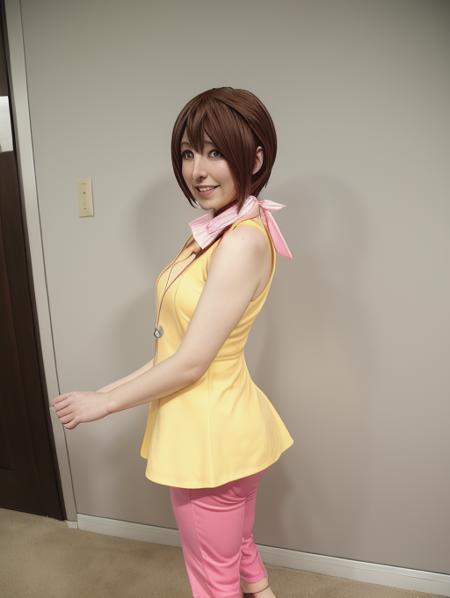 best quality, masterpiece, highres, detailed, perfect anatomy,  <lora:Detail - add_detail:0.2>, HikariDigi,  <lora:HikariDigi:1>, yellow dress, pink pants, happy, 30 year old woman, cosplaying as HikariDigi, anime convention,