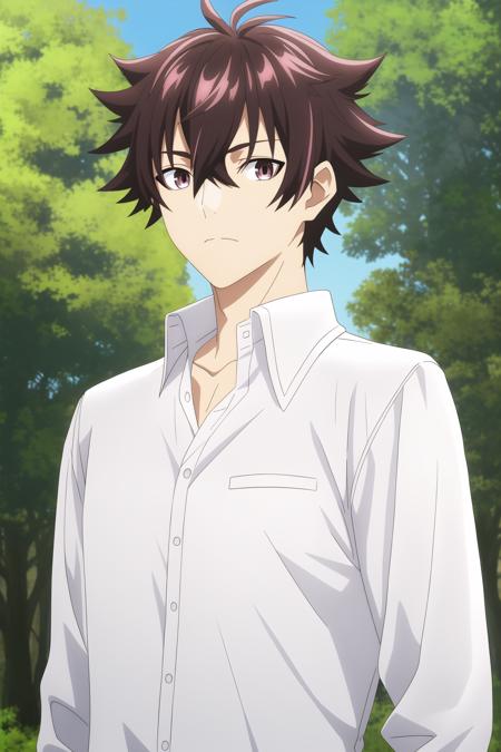 tenjou yuuya, 1boy, male focus, solo, brown hair, brown eyes, outdoors, closed mouth, looking at viewer, tree, collared shirt, day, upper body,