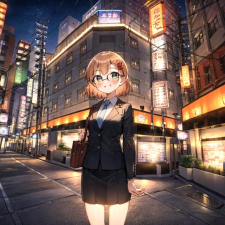 best quality, ultra-detailed, illustration,
1girl, japanese girl, cute, (shy smile), glasses, business suit, pencil skirt, business bag, blush, looking at viewer, standing, 
juso, lovehogai, scenery, japan, night, sign, outdoors, building, sky, road, city, power lines, street, lamppost, night sky, neon lights, light, utility pole, road sign, cityscape, english text,
<lora:lovehogai_juso_SDXL_V1:1>