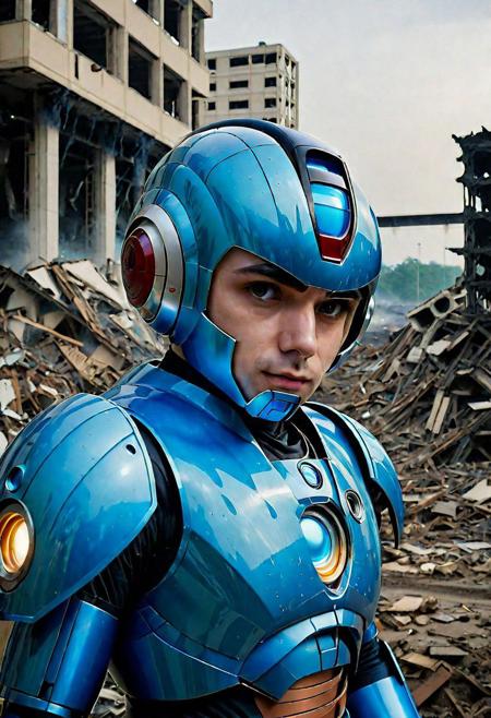 Portrait Photo of a ((blue gelatine megaman:1.7)), who is standing looking at how his city has been destroyed by a nuclear bomb. He has just arrived at the disaster and observes the horror of the destruction, ruined buildings full of smoke and flames, ground full of rubble with skeletons lying around In the dawn light floods the scene, the man is completely dressed in normal clothes and wet, he is dirty, everything is a disaster, the sky is cloudy and it is raining,(beautiful face:1.6), Fujifilm XT3,film still,film grain,cinematic,soldier accessories,war style, professional photo,best quality and best aesthetic,Award-winning artistic photos,Outdoors,public places,( detailed in background:1.6)Perfil,18-20 (dirty:1.8)