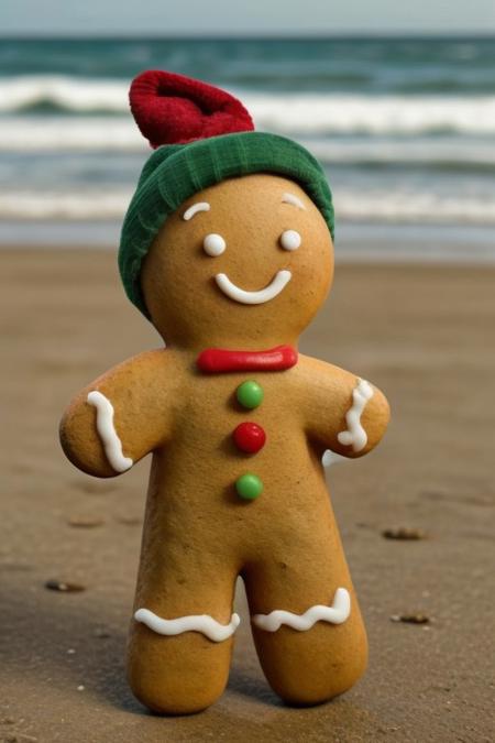 Gingerbread_Man, food, cookie, food focus, no humans, wearing a hat,  walking on a beach