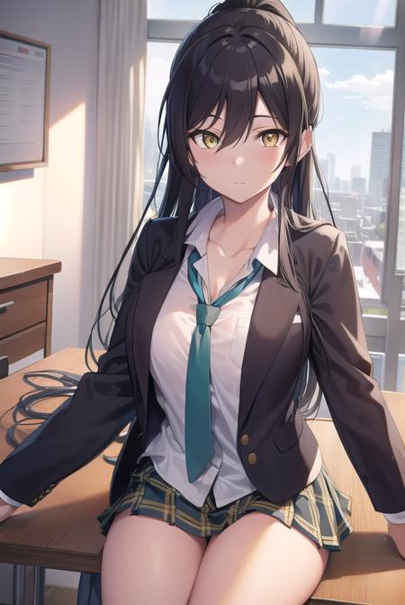 sakuyashirase, <lyco:sakuyashirase-lyco-nochekaiser:1>,
sakuya shirase, black hair, hair between eyes, long hair, ponytail, (yellow eyes:1.5),
BREAK collarbone, green necktie, green skirt, necktie, open collar, plaid, plaid skirt, pleated skirt, school uniform, shirt, skirt, white shirt,
BREAK looking at viewer, full body,
BREAK indoors, classroom,
BREAK <lyco:GoodHands-beta2:1>, (masterpiece:1.2), best quality, high resolution, unity 8k wallpaper, (illustration:0.8), (beautiful detailed eyes:1.6), extremely detailed face, perfect lighting, extremely detailed CG, (perfect hands, perfect anatomy),