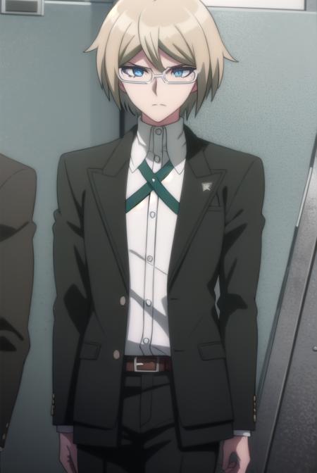 byakuyatogami, <lora:byakuya togami s1-lora-nochekaiser:1>,
byakuya togami, short hair, bangs, blue eyes, blonde hair, male focus, glasses, semi-rimless eyewear,
BREAK shirt, long sleeves, jacket, white shirt, open clothes, glasses, collared shirt, belt, pants, open jacket, black jacket, dress shirt, black pants, black belt, shirt tucked in, brown belt,
BREAK outdoors, classroom,
BREAK looking at viewer, (cowboy shot:1.5),
BREAK <lyco:GoodHands-beta2:1>, (masterpiece:1.2), best quality, high resolution, unity 8k wallpaper, (illustration:0.8), (beautiful detailed eyes:1.6), extremely detailed face, perfect lighting, extremely detailed CG, (perfect hands, perfect anatomy),