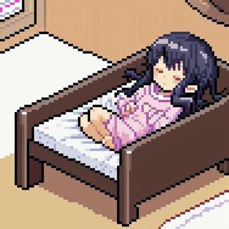 Pixel art, 1girl, cute, bed, sleeping, blanket