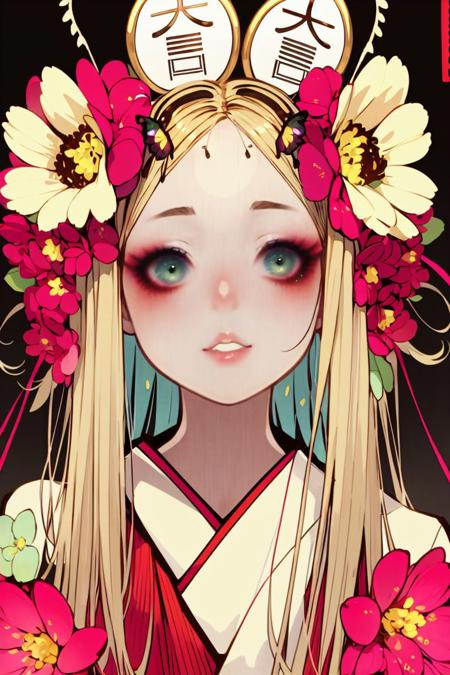 masterpiece, <lora:Shie_Nanahara-49:1>
Shie_Nanahara, 1girl, solo, long hair, looking at viewer, green eyes, blonde hair, hair ornament, flower, parted lips, japanese clothes, hair flower, makeup, bug, portrait, eyeshadow