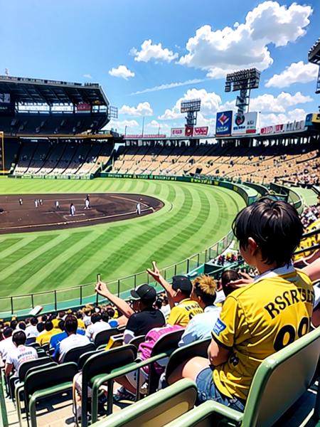 masterpiece, best quality, ultra-detailed, illustration,
koshienstadium, crowd, black hair, outdoors, shirt, male focus, 6+boys, short hair, short sleeves, multiple boys, cloud, yellow shirt, scenery, sky,  people, 6+others,  sportswear, 1boy, too many, multiple girls, 6+girls, real world location, baseball stadium
 <lora:KoshienstadiumV2:1>