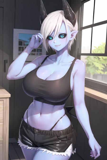 1girl. beautiful, masterpiece, perfect anatomy, expert_shading, high detail, Teresa, demon girl, (blue skin), aqua eyes, (slit_pupils), black sclera, (looking_at_viewer), smile, black tanktop, huge breasts, midriff, black jean shorts, black demon tail <lora:Teresa-V2:1>