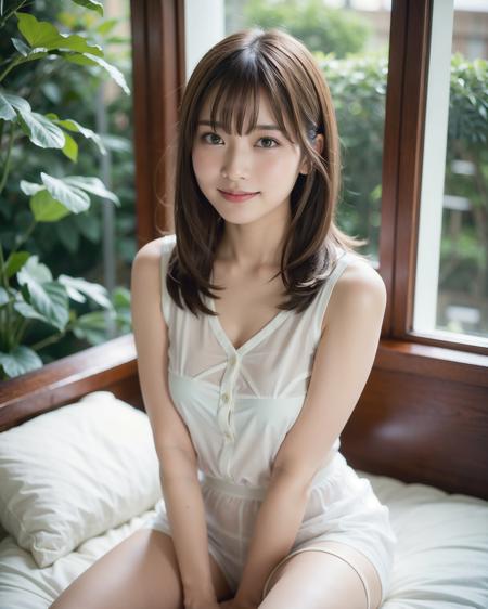 best quality, ultra high res, (photorealistic:1.4), RAW photo, (upper thigh, from side:0.7), (bokeh:1.5), (sit on bed), (in suite:1.6),window,
1japanese girl, cute, (solo:1.6), (shy smile), (brown eyes), smooth skin, (brown medium hair,bangs),(small chest),dainty, (touch hair:1.4),
(off-white transparent clothes:1),
<lora:satsuki_MK05:0.3> <lora:uduki_MK05mix:0.3>