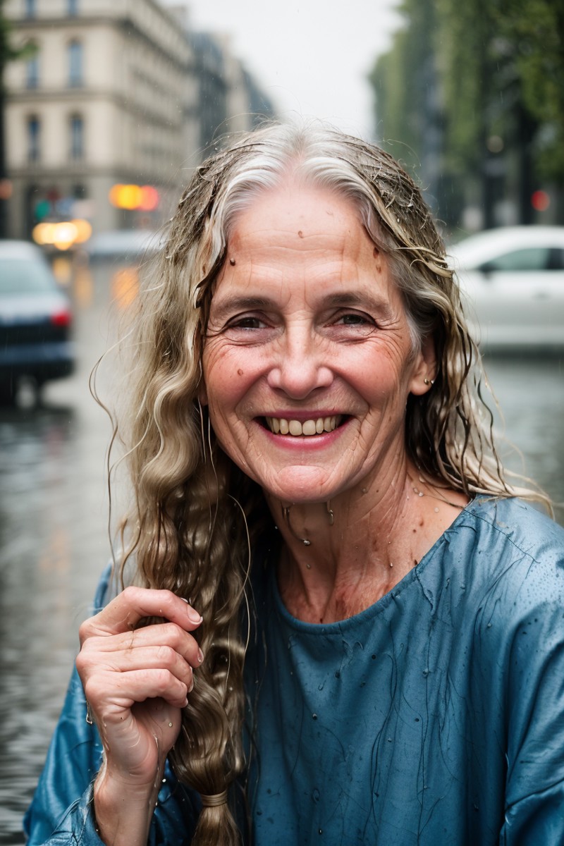 cinematic closeup photo mature older happy smiling hippie woman in rain, (wet very long messy hair:1.3), sweat stains, par...