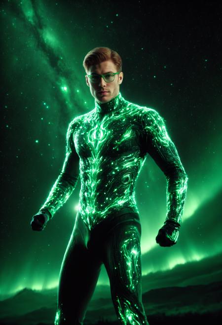 masterpiece,best quality,<lora:aurora_0_100_V1:0.8>,morph-aurora,space,binary star system,standing,upper_body,riddler,1 male,science_fiction green glowing tight outfit,