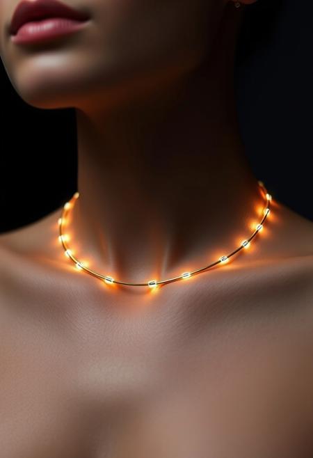 subdermal implanted LED jewelry, (natural glow beneath the skin:1.7), (embedded LEDs:1.6) forming the shape of a gold necklace under the skin, soft golden light radiating subtly from beneath the surface, (sapphire-like LED glow:1.5) highlighting the clavicle, seamlessly integrated into skin texture, high-definition, (warm natural skin tone:1.5), gentle, barely-visible subdermal LED lights, (flawless skin:1.8), ultra-realistic skin textures with soft light diffusion, (elegant under-the-skin jewelry:1.5), futuristic yet natural body modification, (glowing accents:1.6) subtly enhancing natural beauty, radiant skin with soft integrated lighting, advanced subdermal technology, smooth light transitions from beneath the skin, high-resolution, gentle blue glow mimicking sapphire without being overly luminous, delicate subdermal glow following the body's natural contours, refined, understated tech-based beauty, modern body modification