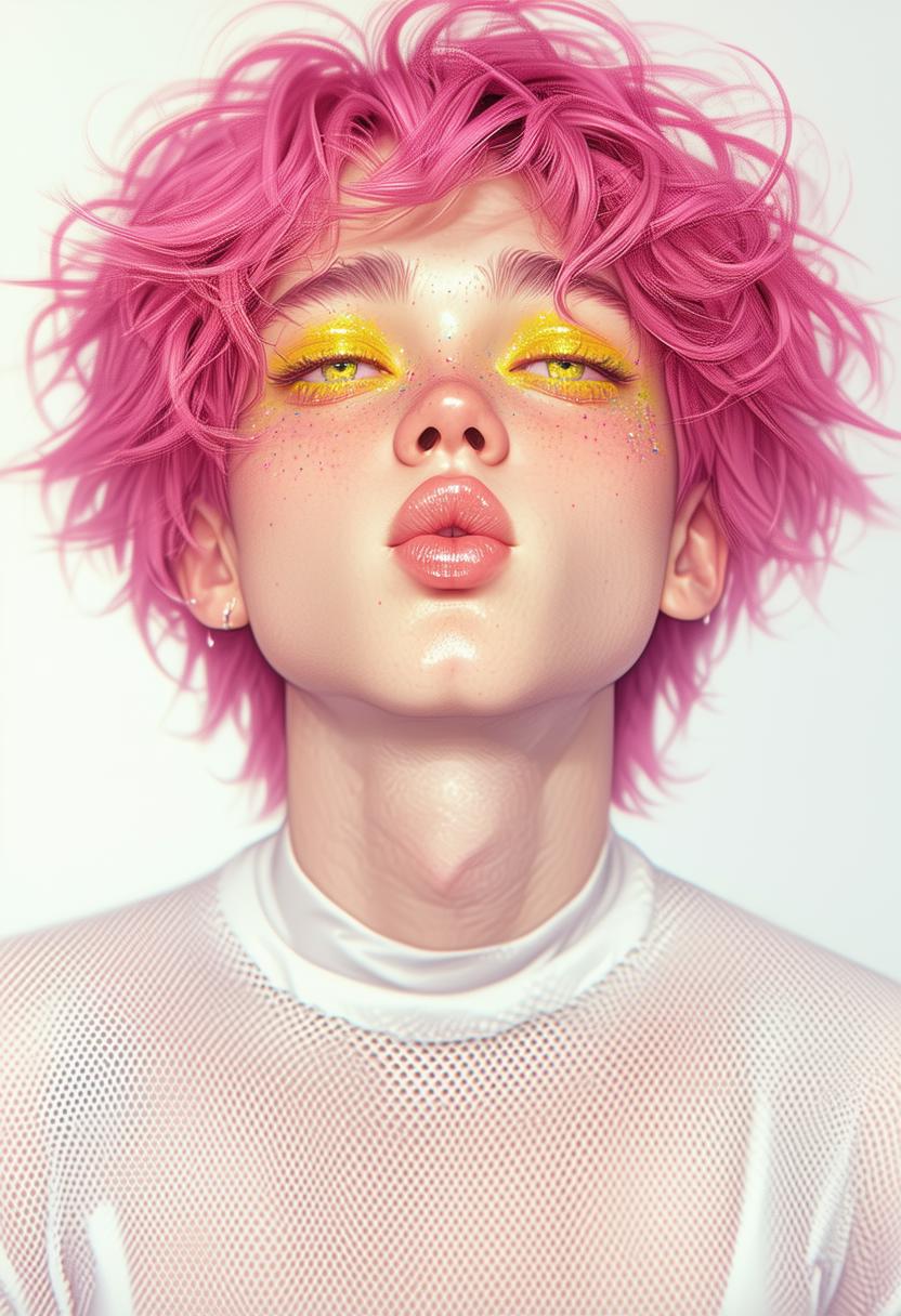 3d rendering of a feminine boy, beautiful thick lips, bright yellow eyes, blowing a kiss. Short curly pink hair, glitter makeup, beautiful face, girl aesthetic, fishnet shirt