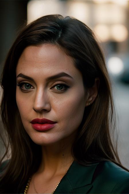 Realistic photo of a beautiful 4ng3l1n4j-v2 woman,  1girl, solo, long hair, looking at viewer, brown hair, green eyes, lips, makeup, lipstick, portrait, realistic, soft lighting, professional Photography, Photorealistic, detailed, RAW, analog, sharp focus, 8k, HD, DSLR, high quality, Fujifilm XT3, film grain, award winning, masterpiece<lora:4ng3l1n4j-v2:1.0>