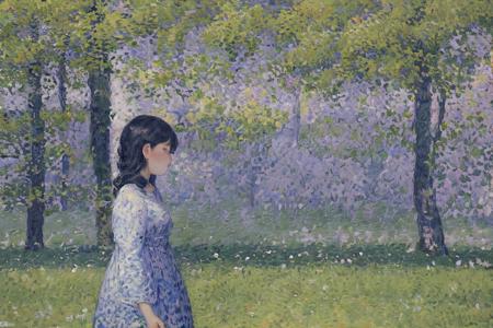 masterpiece,best quality,1girl,solo,cherry trees,pointillism,  <lora:pointillismv2-000019:0.9>