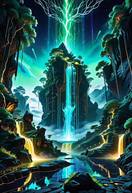 masterpiece, best quality, ultra-detail, extremely aesthetic, absurdres, high-quality, ethereal glow, mystical light, dreamlike atmosphere, otherworldly landscapes, subtle magic, translucent effects, shimmering particles, soft diffused lighting, cinematic composition, grand scale, expansive landscape, layered visuals, atmospheric depth, subtle atmospheric perspective in background,
A majestic, fantasy landscape digital painting of bioluminescent floating islands. **Color palette: Sky blues, misty greys, lush greens, soft golden and white bioluminescence, distant purple haze.** **Style: Grand, majestic, fantastical, serene, dreamlike, digital painting, atmospheric.** Verdant floating islands drift through a sky filled with glowing clouds. Waterfalls cascade into the abyss, their mist shimmering with bioluminescent particles. Strange, luminous flora blooms on the cliff edges, creating a serene and breathtaking airborne wonderland.
Anime style, cel-shaded, thick outlines, vibrant flat colors, stylized anime proportions, expressive lighting,
High quality, detailed, beautiful, futuristic, surreal digital art.
Virtual reality network core, floating holographic data cubes, cascading binary code waterfalls, glowing geometric constructs, light grid floor.
Digital landscape, cybernetic aesthetic, data streams, glitch effects.
newanimecore.