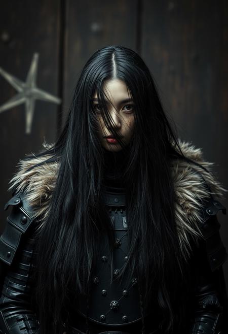 female mongolian Barbarian, long black hair, extremely beautiful, extremely big tits, sensual, erotic, hot, very beautiful makeup, oriental look, fur capeline, black iron armor, macabre, grotesque environment, extremely beautiful, grunge photography style, by Joel Peter Witkin