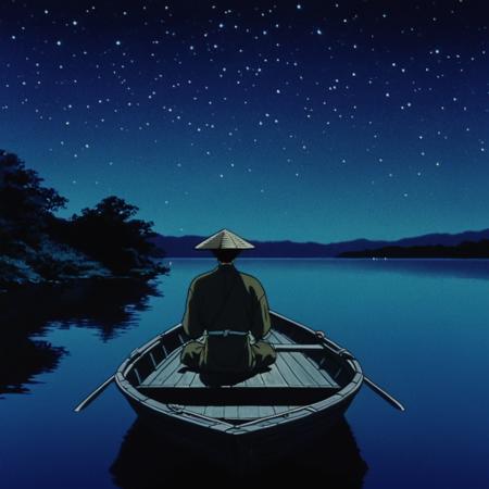 cinematic film still of  <lora:Ninja Scroll style xl v1:0.9>
Dakuan old underhanded man In 1990's Japanese anime film style a man in a boat on a lake at night, perfect image, perfect body, perfect anatomy, sharp image, detailed image, cinematic style, high quality color style, Ninja Scroll style, cartoon style, Dakuan style, solo, outdoors, sky, water, night, grass, star (sky), night sky, scenery, dark, watercraft, boat, rice hat, hat, no humans, starry sky, wide shot, side view, night color style, shallow depth of field, vignette, highly detailed, high budget, bokeh, cinemascope, moody, epic, gorgeous, film grain, grainy
