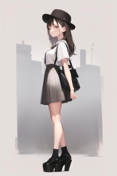 <lora:ama_mitsuki_v0.1:1>
1girl, solo, long hair, looking at viewer, skirt, simple background, brown hair, shirt, black hair, hat, white background, standing, full body, white shirt, short sleeves, pleated skirt, shoes, socks, bag, black footwear, high heels, from side, plaid, black headwear, plaid skirt, suspenders, white socks, grey skirt, high-waist skirt, suspender skirt, shirt tucked in, platform footwear, holding own arm, animal bag,, masterpiece, best quality, highly detailed