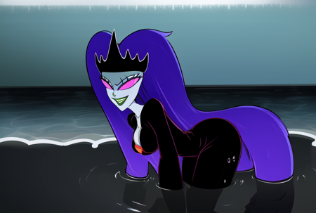 BlackPuddleQueen, blue skin, colored skin, pink eyes, solid eyes, no pupils, tight dress, black dress, long sleeves, blue hair, long hair, black crown, long eyelashes, red broach, lips, hourglass figure, cleavage, smile, full body, nsfw, black colored water puddle, standing in a water puddle, (black water)