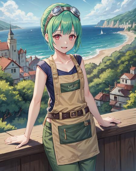 best quality, (masterpiece:1.2), illustration, absurdres,
(1girl, solo), (beautiful detailed girl),
<lora:Mint-06:0.7>, Mint, green hair, red eyes, small breasts, thin, petite, goggles on forehead, goggles on hair,black vest, (brown apron:1.2), blue sneakers, green pants,(engineer, mechanic:1.1),tool belt, tool apron,,
garden, distant sea, distant ocean, mediterranean buildings, white buildings, castle on top of hill,
looking at viewer, happy, cowboy shot,, (legs apart:1.1)