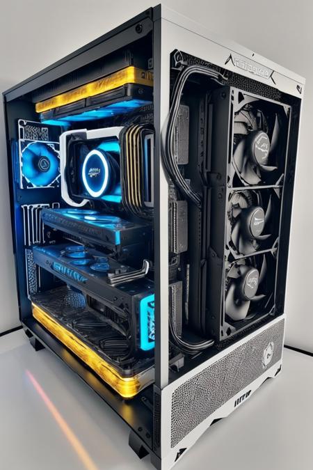 arwcomputerdesktop, gaming computer, multiple video cards, cpu cooler, heatsinks, cable, circuit, metalic casing, fan, white background, <lora:arwcomputerdesktop:1>, realistic, (masterpiece:1.3), (best quality:1.3), beautiful, (intricate details), unity 8k wallpaper, ultra detailed, beautiful, aesthetic, perfect lighting,