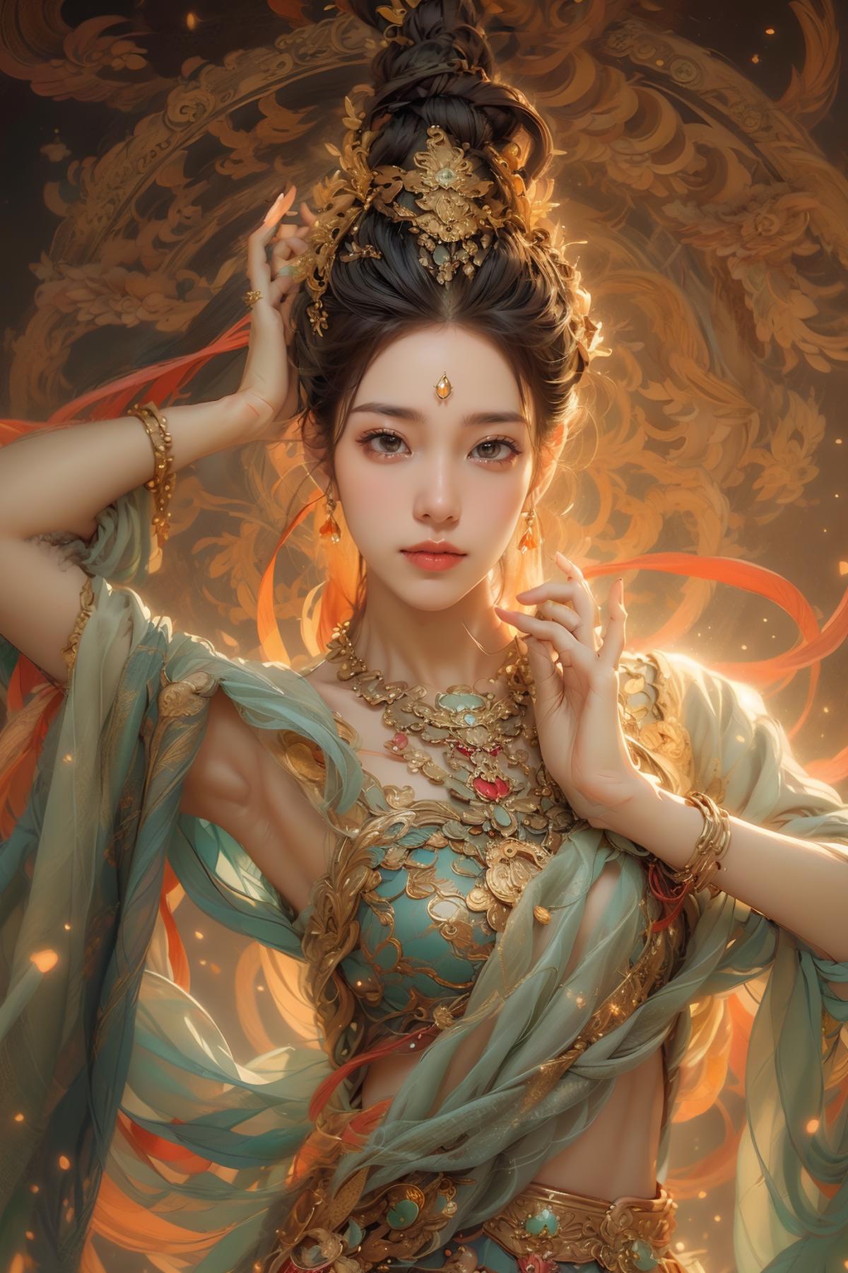 A beautiful painting of a woman in a green dress with gold jewelry and a gold crown on her head.