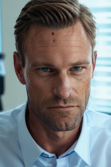 a handsome man in his office, white button up shirt, close up, headshot, (candid, amateur), (raw, 8k, uhd, fujifilm xt3),  <lora:aaronEckhart:1>