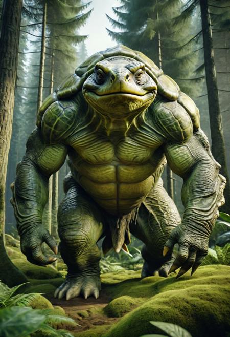 Frontal view, upper body view, Hyper-realistic photo, lifelike texture, grainy, cinematic, 4k, quality, detailed, impressive, wildlife animal shot, 
Create an image of a giant hybrid creature that combines features of a troll, a turtle. It stands on two legs like a troll, with a massive, bulky body as thick as an elephant. Its face resembles that of a turtle, with a broad, flat snout and expressive eyes. The skin is rugged and textured,  the skin is chartreuse-colored, adorned with bony protrusions that mimic a turtle's shell. The creature is set in a fantastical landscape, surrounded by lush greenery and towering trees, showcasing its imposing size and unique blend of characteristics