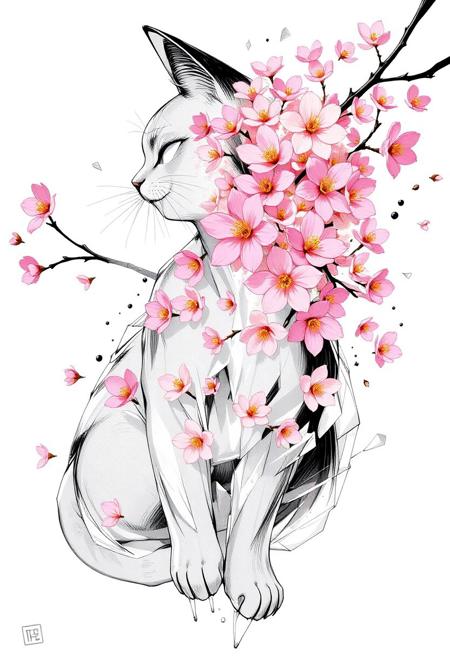 bmstyle anime "A cat made of translucent, crystallized material shatters outward, with shards transforming into a burst of vibrant Sakura flowers. The flowers are varied in color and species, blooming mid-air as if born from the explosion. Soft light refracts through the crystal fragments, creating a surreal, dreamlike atmosphere." <lora:FLUX-daubrez-DB4RZ-v2:0.35> DB4RZ, DB4RZ style painting <lora:illustration004:0.8> illustration004 chaotic expressive line-art scribbled and erratic strokes monochromatic black ink <lora:Scribble Portrait Drawing:0.35> Drawing <lora:aidmaMJ6.1_v0.5_3:0.35> aidmamj6.1, aidmamj6, mystcorbCE_style