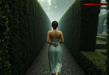 masterpiece portrait of woman walking through a hedge maze::1.4, video game concept art style::1.2, semi-realistic 3D render art::1.1,
(physical description: pudgy build, not skinny or obese, sturdy posture, mature proportions, hands clasped behind back:1.1),
(facial features, expression: not visible, back-facing view:1.0),
(clothing details: , nightgown  barefoto:1.0),
(accessories: none visible from rear view:0.9),
(background setting: dense, tall hedge maze with narrow gravel paths and trimmed walls of greenery, ambient mist and distant garden statues:0.9),
(lighting style: overcast natural daylight with diffused shadows and a muted, mysterious ambiance:0.8),
(composition and camera framing: third-person video game view from slightly behind and above, full body shot, centered in frame:1.0),
(emotional tone or theme: immersive, exploratory, quiet suspense:0.9),
(technical execution: includes a video game-style HUD with red health bar in the top right corner and a minimap with icons in the lower left:0.8)
