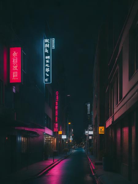 <lora:NeonNight:1>a city street at night with a neon sign