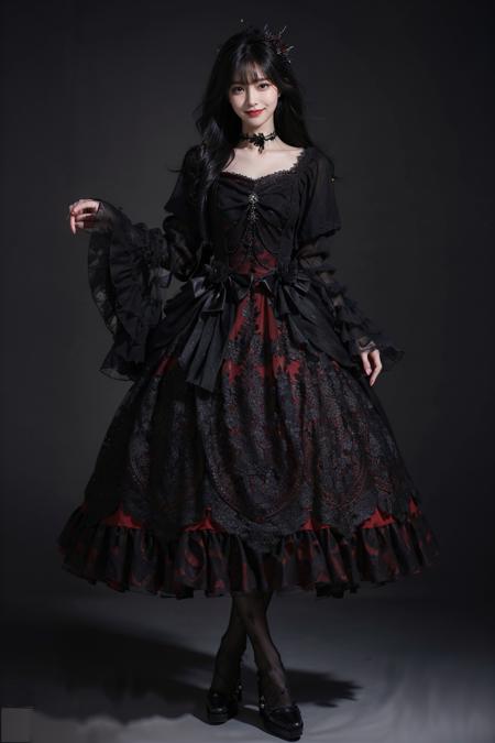 best quality, masterpiece, photorealistic, 1girl, solo, full body, standing, long black hair, straight hair, blunt bangs, looking at viewer, smile, lo dress, layered dress, frills, choker, long dress, long sleeves, wide sleeves, hair ornament, pantyhose, high heels, simple background, <lora:lo_dress_gothic_style2_v2:0.7>