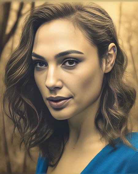 GalGadot, portrait,close up of a Serbian Female, Alhambresque Blonde hair, autumn forest, Bokeh, Rough sketch, 60s Art, Sepia filter, dripping with DayGlo blue, poster art, <lora:GalGadotSDXL:1>