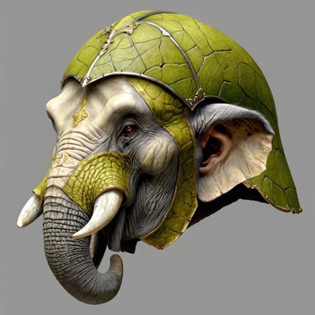 SYDE VIEW, hyper-realistic, Realism, HDR, detailed, medieval warior style, chartreuse elephant-troll skin , more troll then elephant, (full helmet with mask), simple gray background, SIDE VIEW