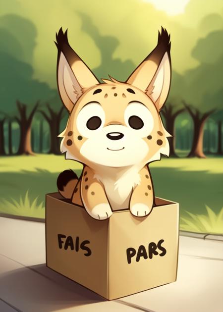 [:(by Ignacio Zuloaga, by Rumiko Takahashi, by Glacierclear, by Ricegnat, by Reysi):0.35],
solo (chibi feral eurasian lynx in we bare bears, toony dot eyes:1.3),
(sitting in carton, flat chested, half-length portrait, front view:1.25),
BREAK,
(new york city park, sunny day, tree, street),
(detailed background, depth of field, half body shadow)