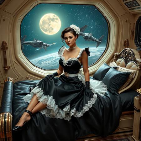Regally poised norvegian alluring rich baroness in massive slave collar, whorish hot stunning french maid glossy black satin uniform with whie lace details, white lace apron, lush white tulle petticoats, black lace garter belt and tan silk stockings, long glossy black gloves, glossy locked ankle strap high heels,  sitting serenely on a sumptuous, black satin bed in the opulent beige cabin of an imperial spaceship. The bed, adorned with intricate, polished metal accents and foil pillows, is situated near a massive observation porthole, offering a breathtaking vista of the stars, a glowing moon, and sleek TIE fighters soaring through the void. Thin, gleaming chains bind the lady to the bed, while soft, ethereal lighting illuminates the scene, blending the elegance of Gustav Klimt, the luxury of Albert Moore, and the futuristic vision of Syd Mead.