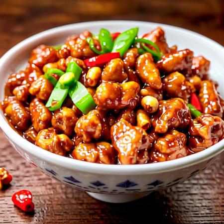 masterpiece,hight quality,An image of Kung Pao chicken, in a realistic style. The dish features well-cooked, golden-brown diced chicken, vibrant red and green bell peppers, and fiery red chili peppers, all stir-fried to perfection. The sauce is glossy and rich, clinging to each piece, with visible hints of garlic and ginger. The dish is garnished with freshly chopped green onions and a sprinkle of roasted peanuts, adding texture and color. The Kung Pao chicken is served in a traditional round, white porcelain dish, set against a simple wooden table background, emphasizing the vivid colors and appetizing appearance of the mea,<lora:oldfan50:0.75>