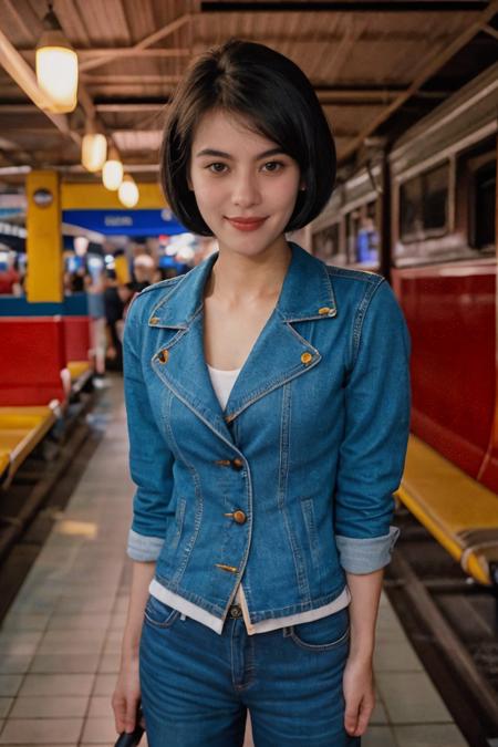 analog film photo solo, realistic, ((indonesian woman)), (((Black hair, Shag Haircut Hairstyle))), (((Happy,  wide smile with raised cheeks and crow's feet around the eyes.))), (((Vintage-inspired denim jackets))), ((train tracks, iron rails, distant whistle, transportation)), ((dynamic pose)), PA7_Human-Likeness, PA7_Photo, high detailed, PA7_Portrait-HL_v2, 8k, clear facial features, bokeh, <lora:PAseer-SD15-LCM Quick:1> <lora:ReaLora:.2> skin <lora:GStyle_-_Photography_Style:.4> gstyle  <lora:[ID]_-_Sari_Hartati:1> sarihartati . faded film, desaturated, 35mm photo, grainy, vignette, vintage, Kodachrome, Lomography, stained, highly detailed, found footage