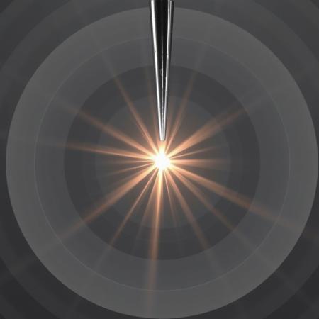 A chrome and silver beam hitting a human 100 metres away. The beam is about 1 metre thick and surrounded by multiple concentric grey and white circles of varying diameter