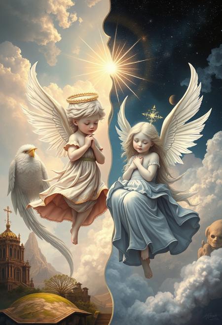 A mystical realism artwork with a distinct split composition, showcasing ethereal atmosphere, intricate details, soft lighting, and cosmic themes.  Adorable and charming divine figures are featured in an otherworldly landscape, with a harmonious composition, classical influences, and a metaphysical essence. Bold areas and divided sections create visual interest.