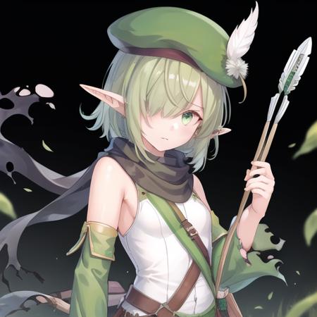 (masterpiece, best quality:1.2),illustration,8k,hd,1girl,upper body,(portrait:1.2),green scarf,pointy ears,elf,hat feather,two-tone shirt,torn scarf,green shirt,detached sleeves,shirt,scarf,solo,holding,hair over one eye,green eyes,white shirt,hat,sleeveless shirt,green sleeves,short hair,green headwear,bow \(weapon\),sleeveless,holding bow \(weapon\),shorts,beret,green hair,thighhighs,weapon,armpits,holding weapon,green thighhighs,striped thighhighs,looking at viewer,vertical-striped thighhighs,arrow \(projectile\),green shorts,small breasts,quiver,feathers,<lora:Futaba Aoi-V0.5:0.7>,