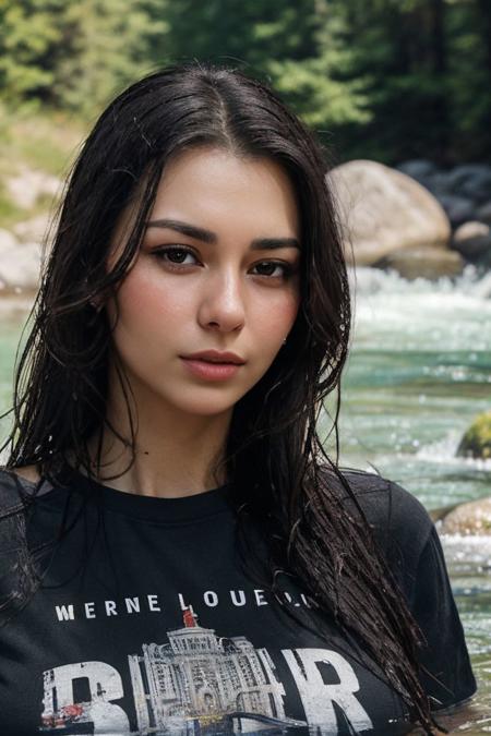 portrait of S052_HelgaLovekaty_v2,a beautiful woman,in a (rocky-river:1.1),wearing a (crewneck t-shirt:1.1),(wet-hair),(4k, RAW photo, best quality, depth of field, ultra high res:1.1),(absurdres, intricate, photorealistic, masterpiece, ultra-detailed:1.1),