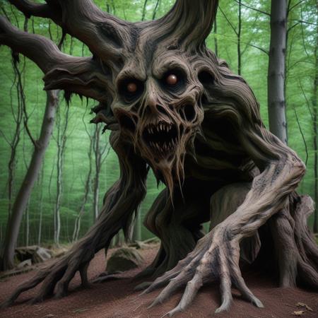 <lora:fx-monsters-xl-mrey-nocap:1> creepy monster tree creature