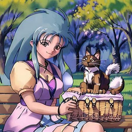 a picture of  a person <lora:ryoko1_2:1>, sitting on a park bench with a picnic basket, with a cat next to her