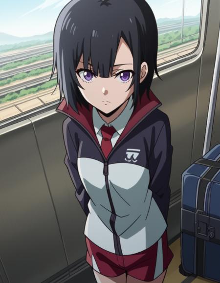 yuika shiwahime, short hair, black hair, purple eyes, shirt, jacket, necktie, shorts, sleeves past wrists, track jacket,