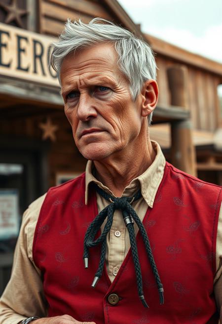 depicting a close up of a middle aged gunslinger in his late 40s. His face is weathered and scarred from a rough lifestyle. He has greying blond hair that is short at the back and sides. He is dressed in a red silk vest with a dark red paisley pattern, over a cream-colored shirt. He wears a black and silver bolo tie and brushed steel bracelets. He is standing outside an old west sheriff's office, leaning against one of the pillars that holds up the awning.
