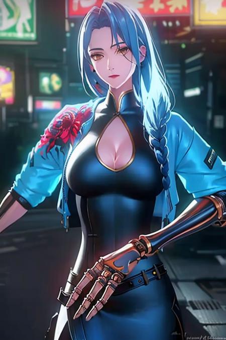 Blue hair, blue coat embroidered with peonies, black dress, left robotic arm,Golden eyes