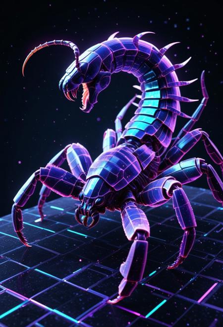 high quality,masterpiece,ultra-high resolution,incredible composition,extremely detailed, A majestic scorpion in close-up, its exoskeleton glitching with pixelated teal and violet artifacts, shimmering like a digital titan. Its fierce tail pulses with digital static, radiating icy power. The background is black desert, with fragmented neon grids and cascading glitch particles in indigo and crimson. Hyper-detailed, 8K resolution, with dynamic glitching effects and a futuristic vibe. codeandigital,, c0dean0igital,, cyberw0rlds,